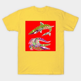 swamp and the sea, the shark and the gator ecopop in red T-Shirt